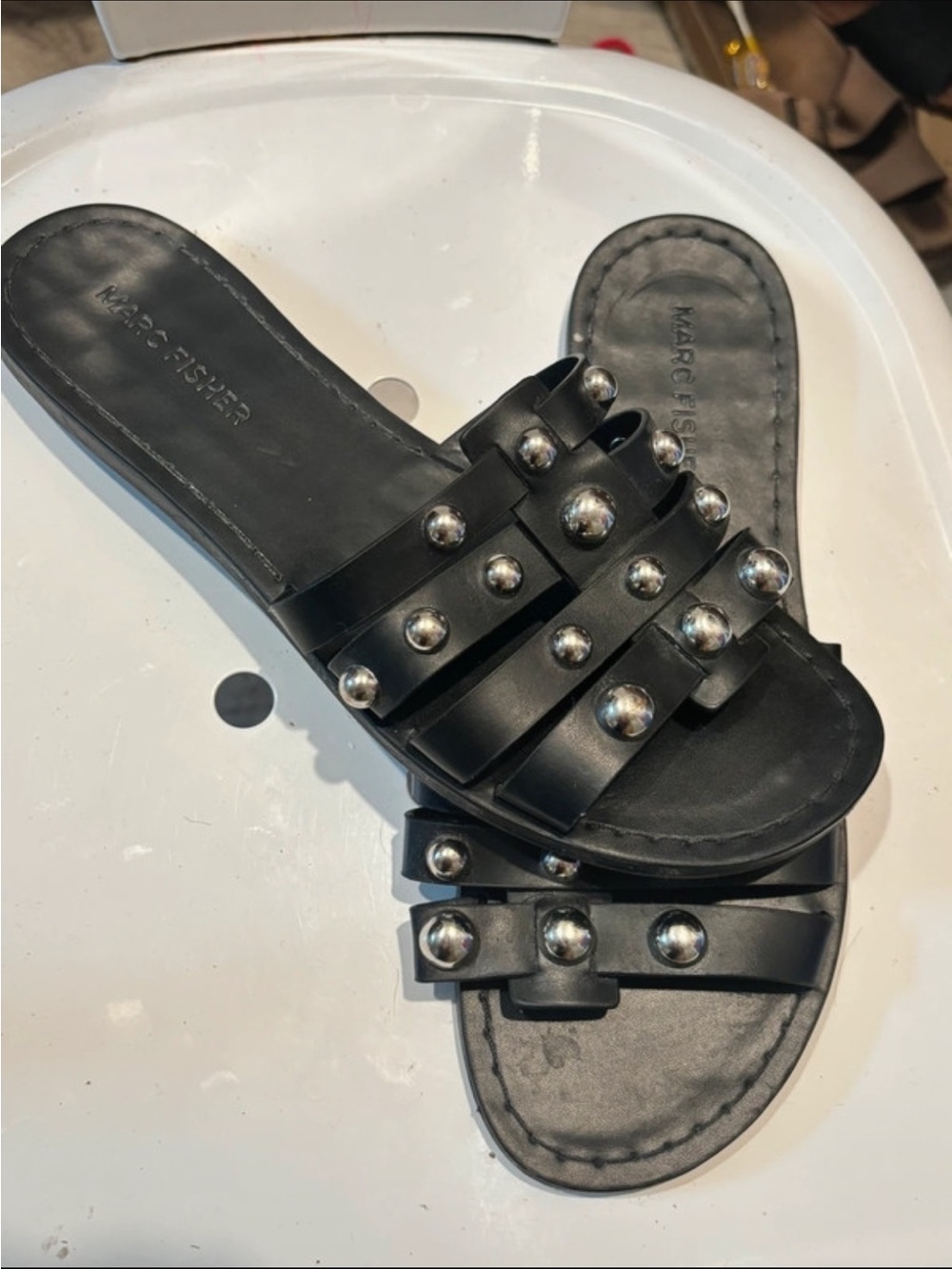 Marc Fisher Black Leather Studded Slide Sandals